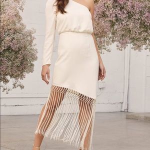 Love at Dusk Cream One-Shoulder Asymmetrical Fringe Midi Dress